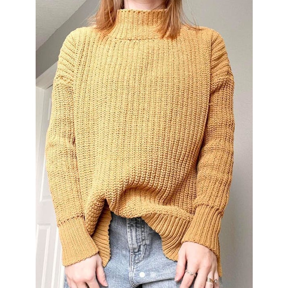 AERIE Oversized Chunky Golden Mustard Yellow Chenille Cozy Mock Neck Sweater S - Picture 2 of 13